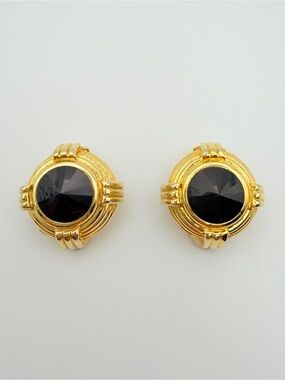 Vintage Black Cabochon Clip-On Earrings Gold Tone Statement Earrings